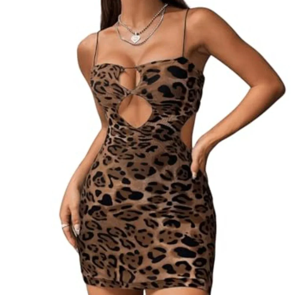 Y2K Leopard Print Cut Out Cami Bodycon Mini Dress Sleeveless Spaghetti Strap_2